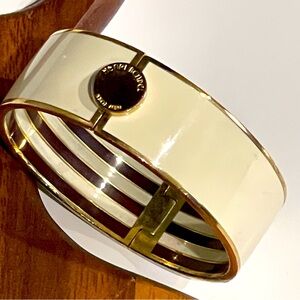 Henri Bendel GoldTone/Cream/Brown Enamel Hinged Wide Cuff Bangle Bracelet Singed